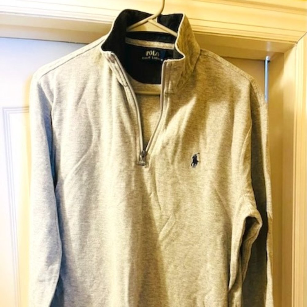 Ralph Lauren Men's Polo V-Neck Zipper Pull Over Long Sleeve Grey